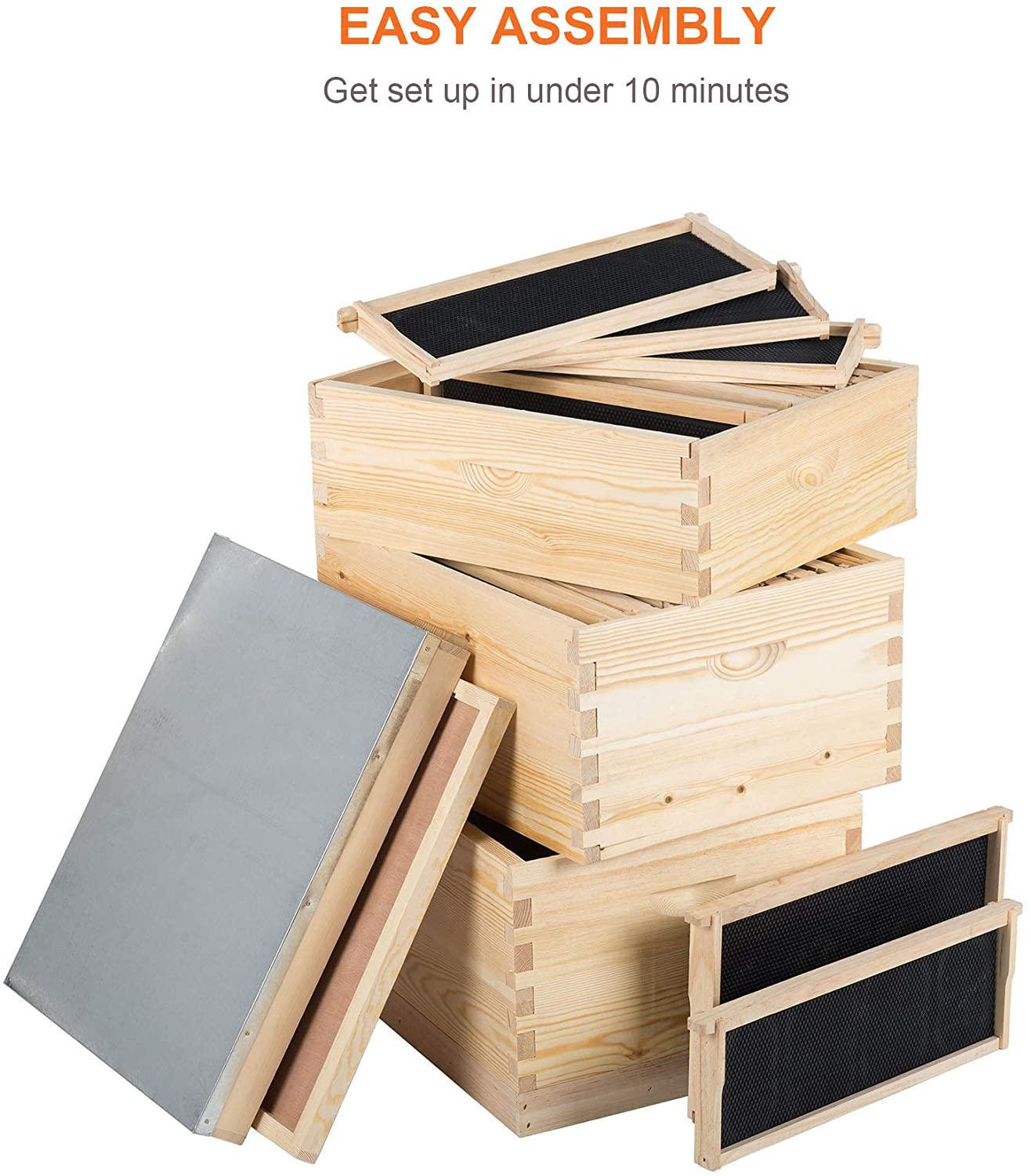 co-z langstroth 30-frame bee hive with 10 medium 20 deep honeycomb foundation frames, bee box for beekeeper starter kit, beekeeping supplies equipment, wood complete honey beehives, 3-tier bees house