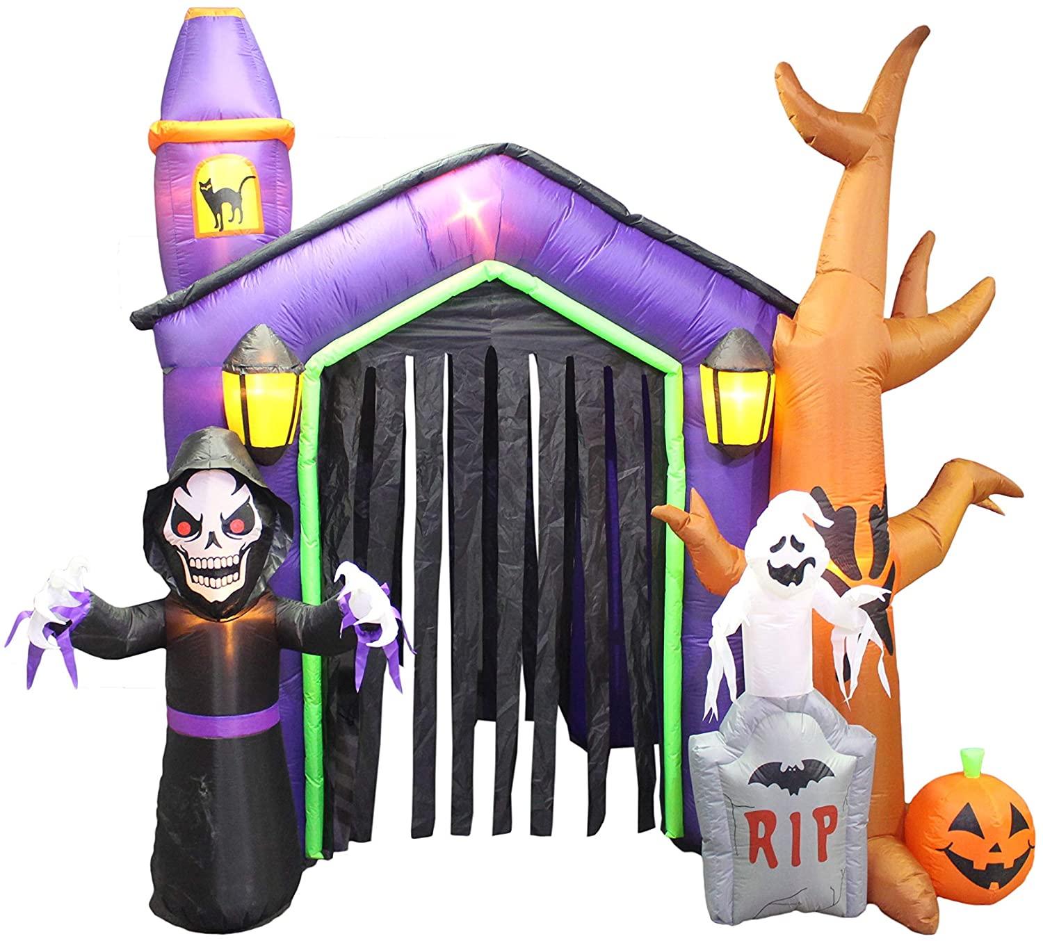 8.5 Foot Halloween Inflatable Haunted House Castle with Skeleton, Ghost &amp; Skulls