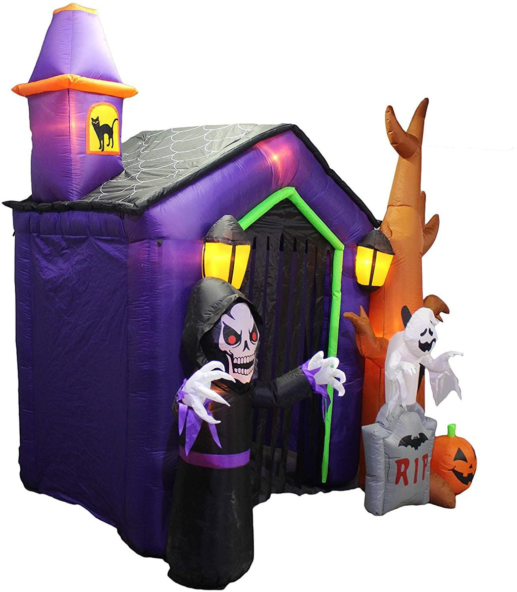 8.5 Foot Halloween Inflatable Haunted House Castle with Skeleton, Ghost, Tree and Pumpkin Lights Decor Outdoor Indoor Holiday Decorations, Blow up Lighted Yard Decor, Lawn Inflatables Home Family Outside