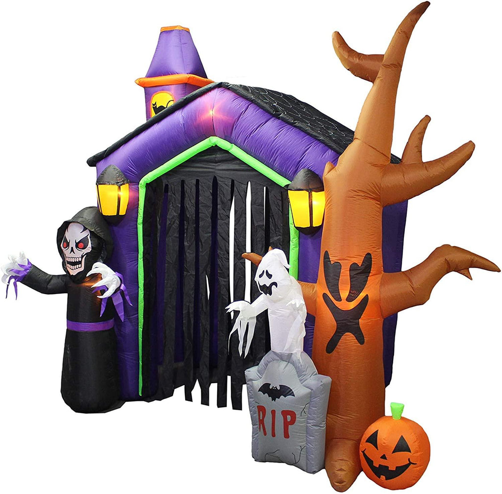 8.5 Foot Halloween Inflatable Haunted House Castle with Skeleton, Ghost, Tree and Pumpkin Lights Decor Outdoor Indoor Holiday Decorations, Blow up Lighted Yard Decor, Lawn Inflatables Home Family Outside