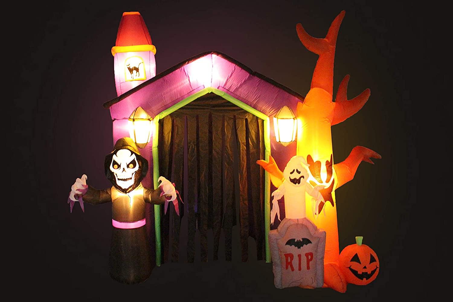 8.5 Foot Halloween Inflatable Haunted House Castle with Skeleton, Ghost, Tree and Pumpkin Lights Decor Outdoor Indoor Holiday Decorations, Blow up Lighted Yard Decor, Lawn Inflatables Home Family Outside