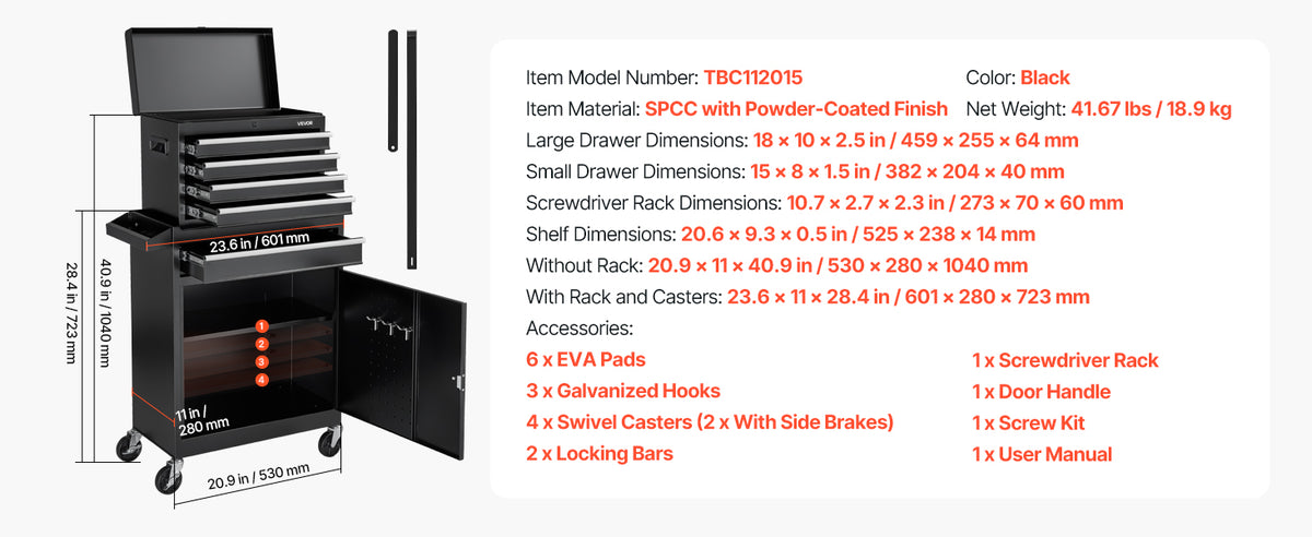 Rolling Tool Chest, 2-in-1 , 5 Drawers Tool Cabinet Organizer with Detachable Top Metal Toolbox, Lock Bar, Protective Liner, and Tools Rack, GaraStoraCabinet for Warehouse, Workshop
