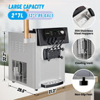 Commercial Ice Cream Machine, 2200W Soft Serve Maker, 3 Flavors | LCD Display, 5.3-7.4 Gal/H, Quiet Compressor, Self-Cleaning, Cone Holder，Ideal for Restaurant, Snack Bar, Cafe