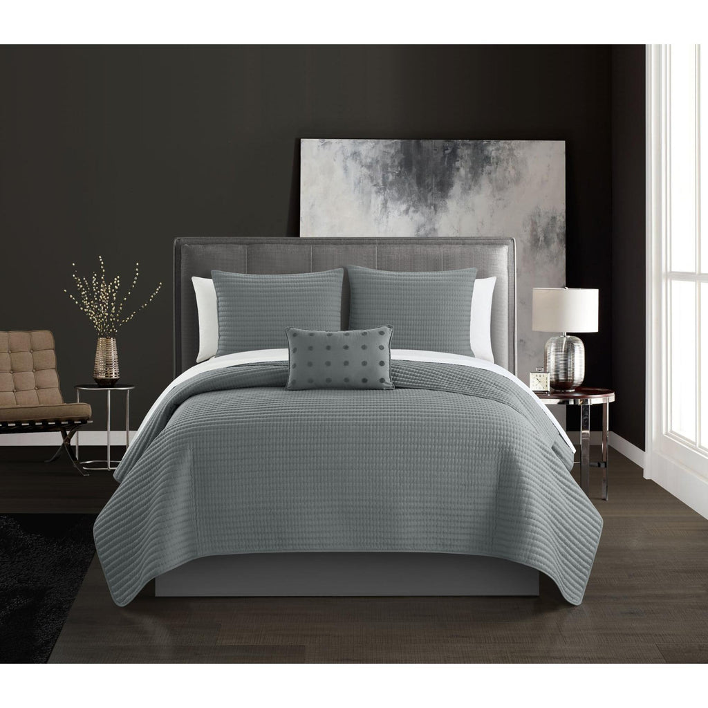 Chic Home Hayden Striped Box Stitched  Bed In A Bag Quilt Set - Queen 90x90", Grey - Queen,Grey