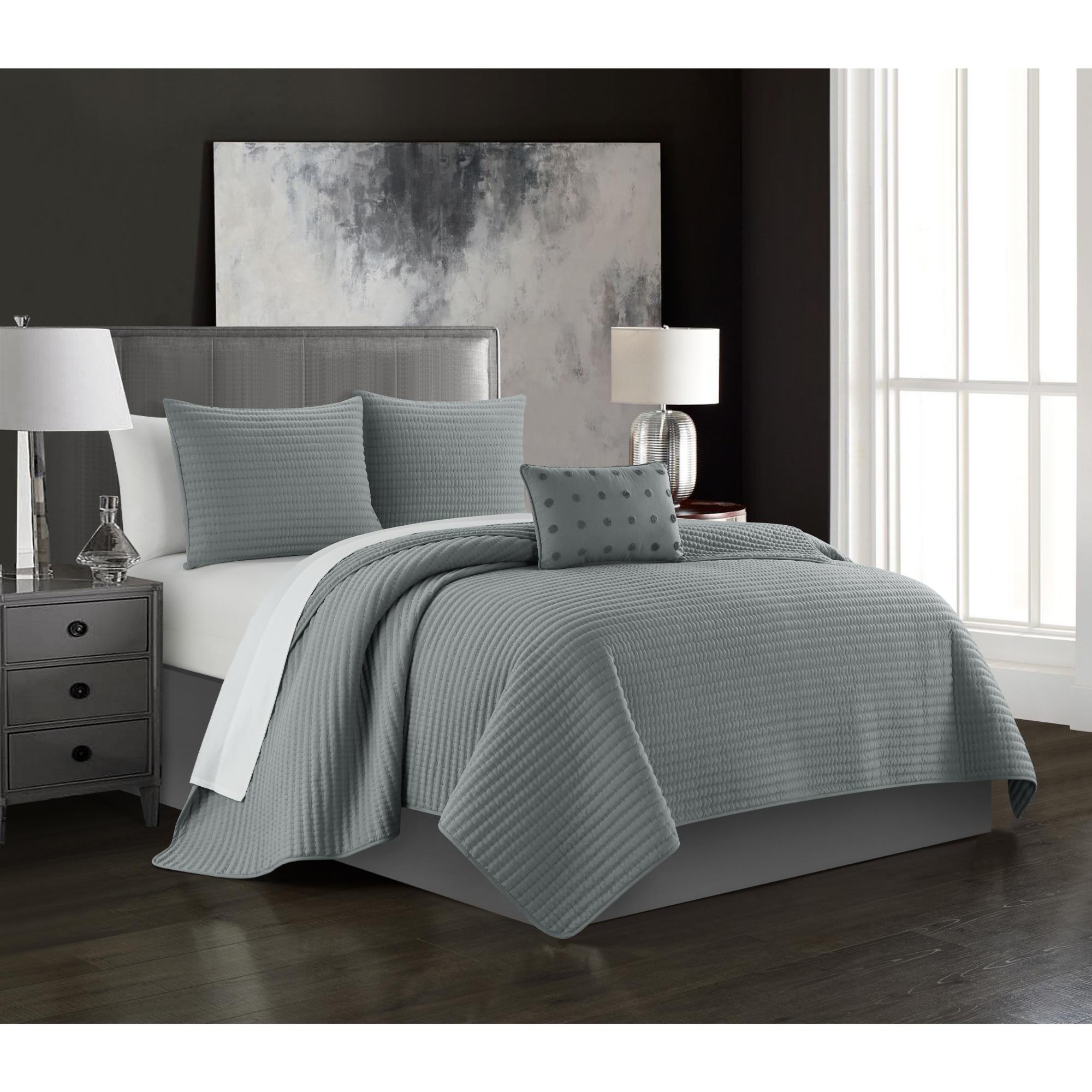 Chic Home Hayden Striped Box Stitched  Bed In A Bag Quilt Set - Queen 90x90", Grey - Queen,Grey