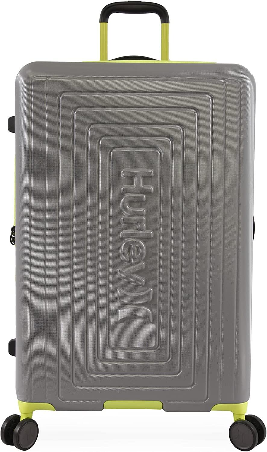 Suki Hardside Spinner Check in Luggage 29", Light Grey/Neon