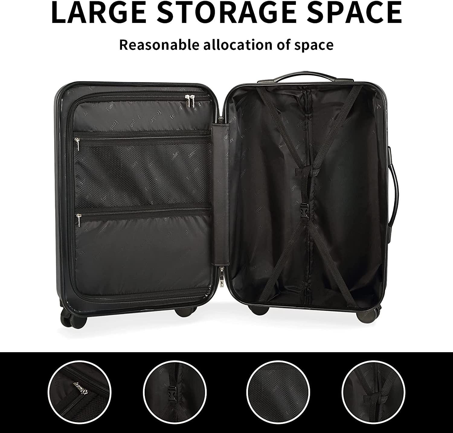 Luggage, 3 Piece Set Suitcase with Spinner wheels, Hardshell, Lightweight, TSA Lock (Black)