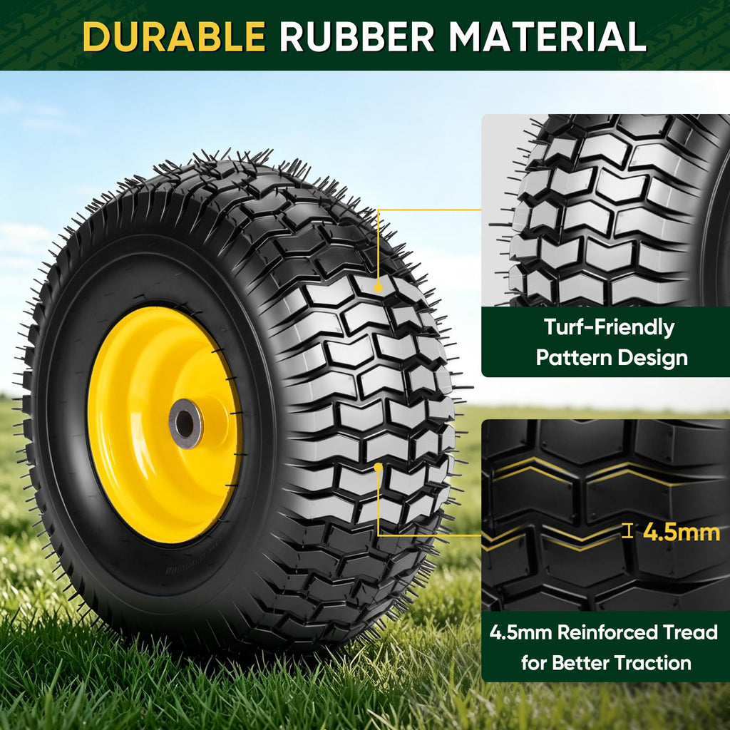2PK 15x6.00-6nhs Lawn Mower Tires, Pneumatic Front Tire and Wheel Assemblies, 3" Centered Hub and 3/4" Bushings, 550lbs Load Capacity (Yellow)