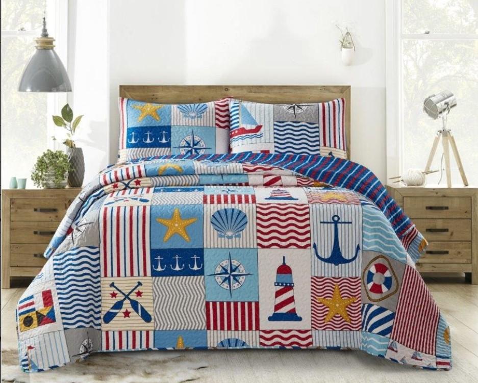 Blue Seashells, Anchors, Compass &amp; Lighthouse Nautical Coastal Queen Quilt &amp; Shams