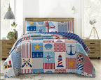 Blue Seashells, Anchors, Compass &amp; Lighthouse Nautical Coastal Queen Quilt &amp; Shams