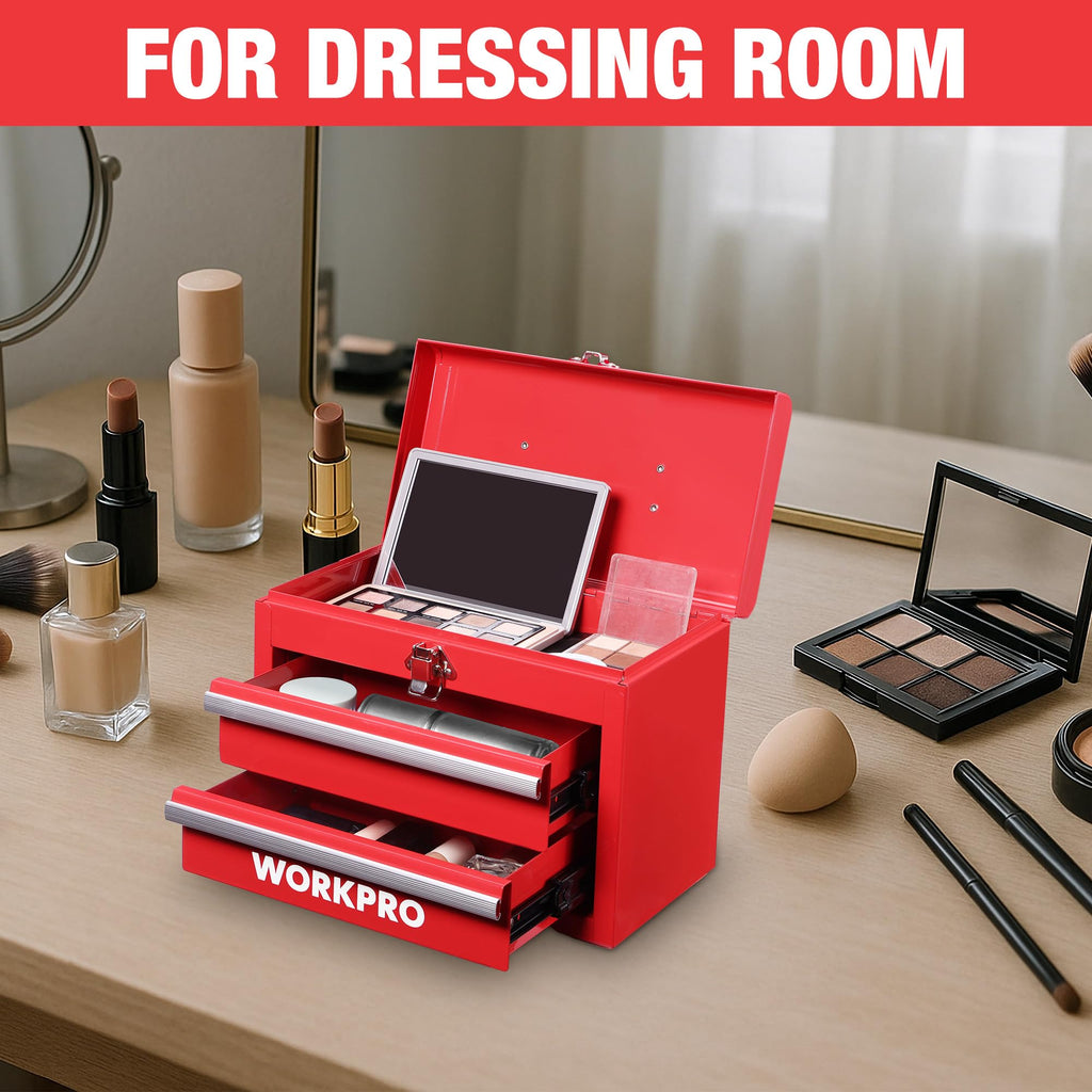 Portable Mini Metal Tool Box with 2 Drawers | Metal Tool Chest, Ball Bearing Slides, Top Storage, Latch Handle, PVC Drawer Liners, PP Feet Pads