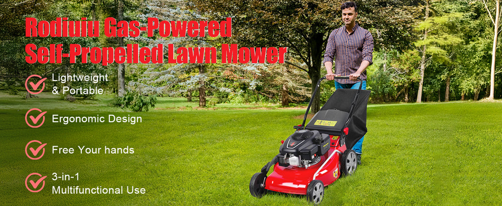 131cc Foldable Gas Lawn Mower, Self-Propelled Rear-Wheel Drive, 18 Inch Cutting Width, 50L Grass Bag, 3-in-1 Mulching/Side Discharge/Rear-Bagging, Lightweight Push-Button Start Mower