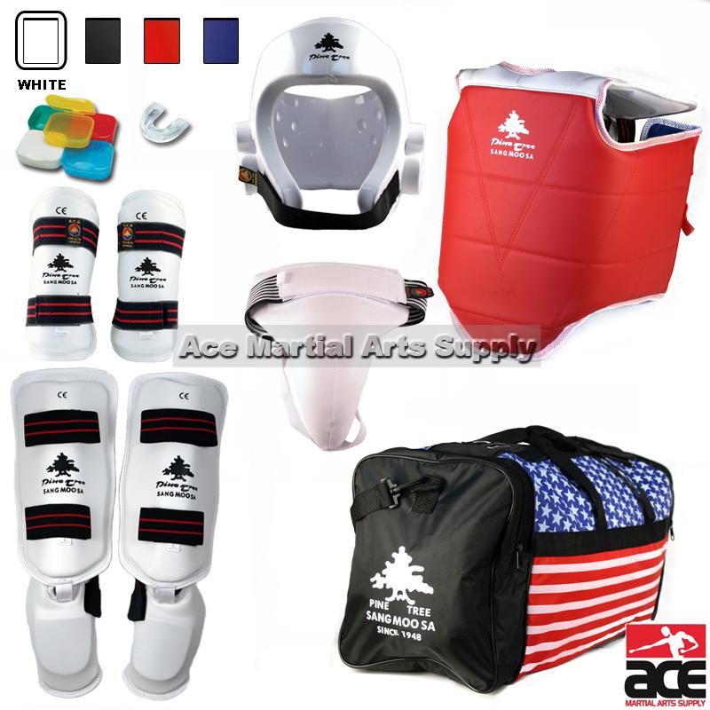 Pine Tree Complete Vinyl Martial Arts Sparring Gear Set with Bag, Shin Insteps, &amp; Groin, Small Red Headgear, LarOther Gears Male