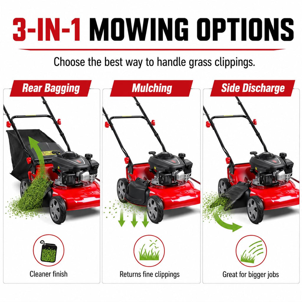 3 in 1 Self Propelled Gas Lawn Mower, 131cc 4-Stroke Engine with 50L Grass Bag &amp; Big Wheels, 3-in-1 Mulching/Side Discharge/Rear Bag, Push Button Start for Medium to LarLawns Red