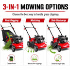 3 in 1 Self Propelled Gas Lawn Mower, 131cc 4-Stroke Engine with 50L Grass Bag &amp; Big Wheels, 3-in-1 Mulching/Side Discharge/Rear Bag, Push Button Start for Medium to LarLawns Red