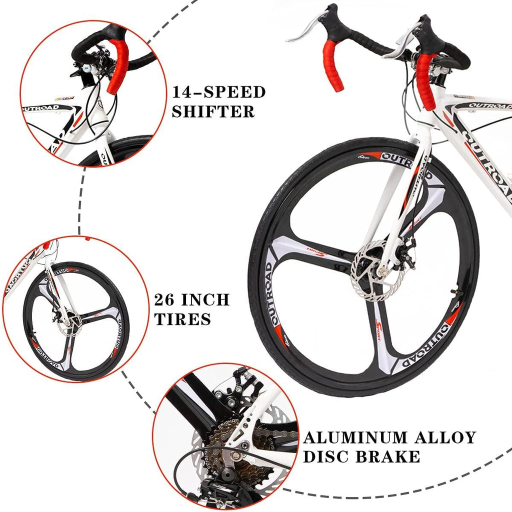 Max4out Road Bike for Men and Women with Aluminum Alloy Frame, Featuring 14 Speed  Shifter, 700C Wheel and Disc Brake Bicycles White/Black