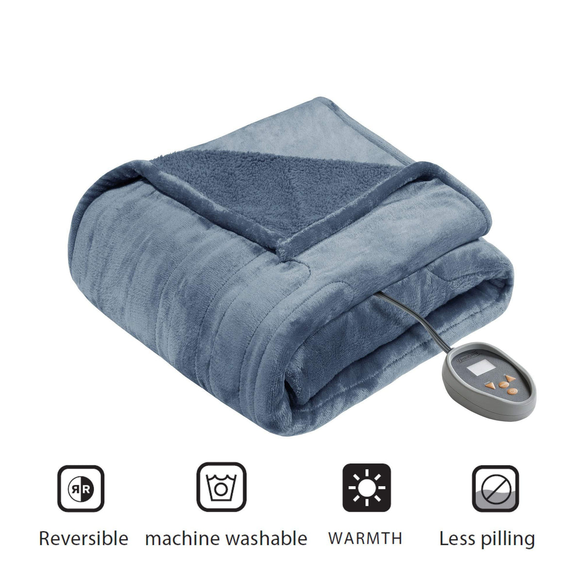 Gracie Mills Berber Elect Electric Blanket w/2 20 Heat Level Controllers, Queen, Blue -BR54-0379