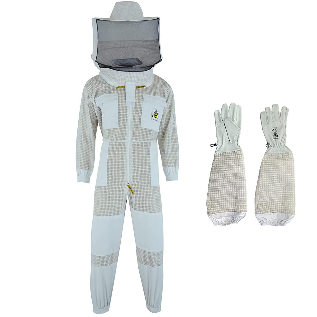 beeprogear ventilated bee suit for men-3x ultra protective layer beekeeping suit-premium white fabric mesh bee keepers suite-professional bee suit for women with round veil and free gloves (4x-large)