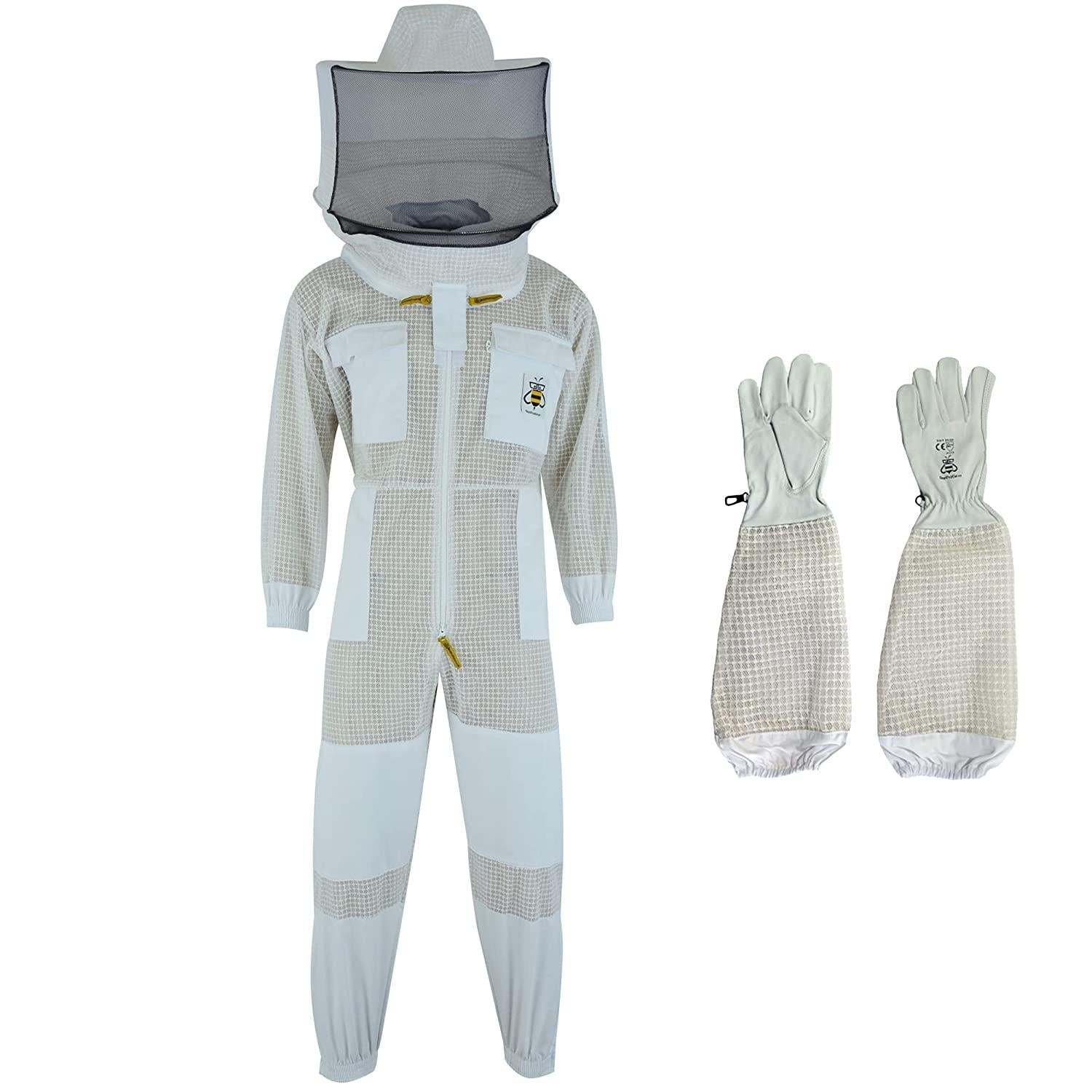 beeprogear ventilated bee suit for men-3x ultra protective layer beekeeping suit-premium white fabric mesh bee keepers suite-professional bee suit for women with round veil and free gloves (4x-large)