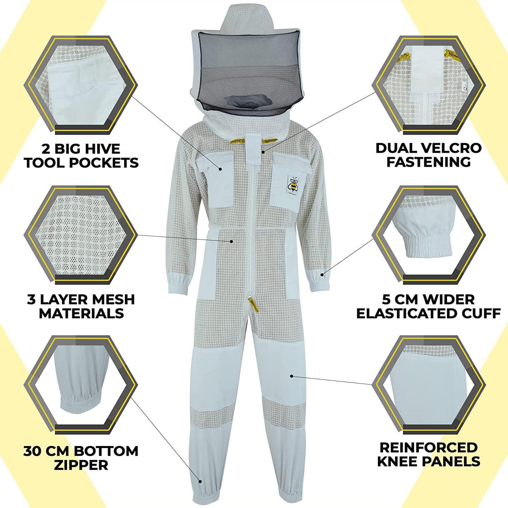 beeprogear ventilated bee suit for men-3x ultra protective layer beekeeping suit-premium white fabric mesh bee keepers suite-professional bee suit for women with round veil and free gloves (4x-large)