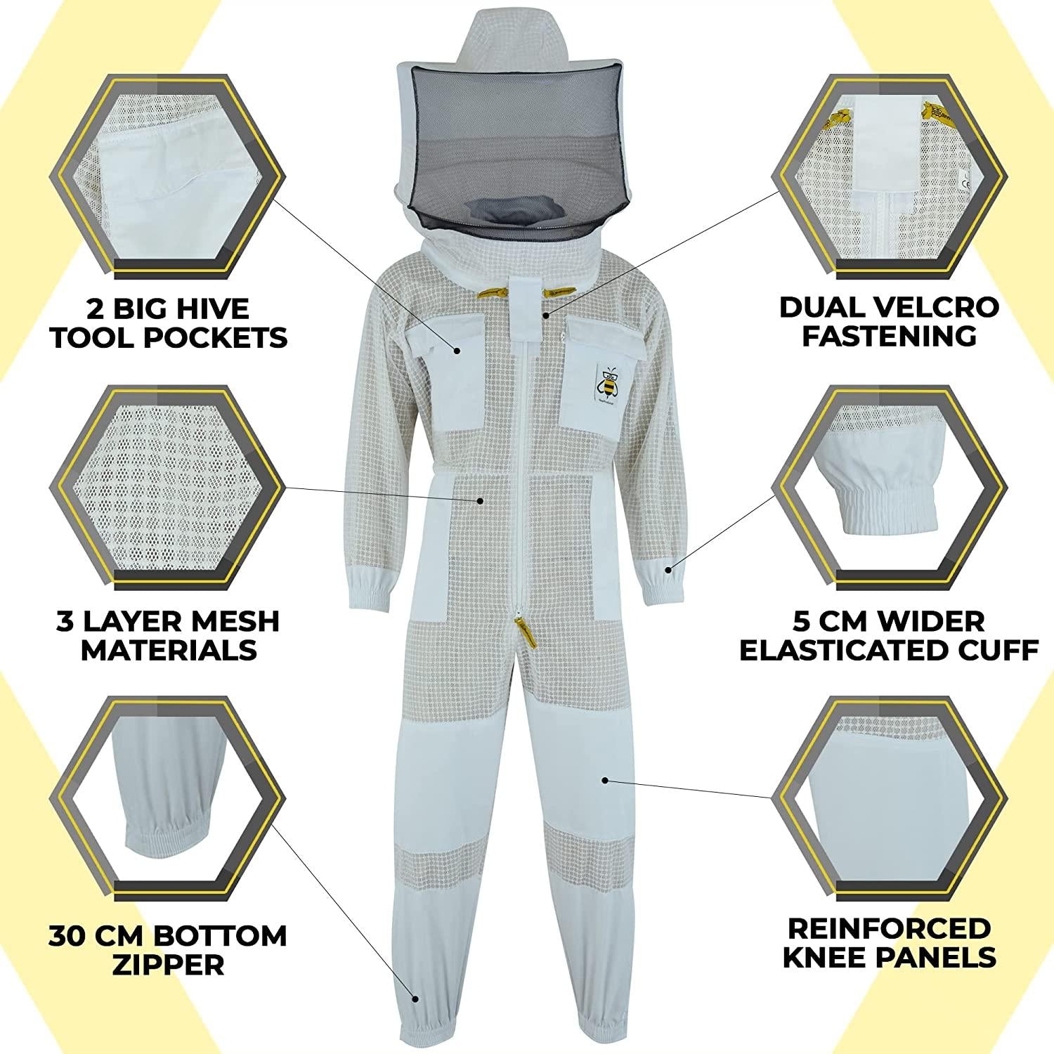 beeprogear ventilated bee suit for men-3x ultra protective layer beekeeping suit-premium white fabric mesh bee keepers suite-professional bee suit for women with round veil and free gloves (4x-large)