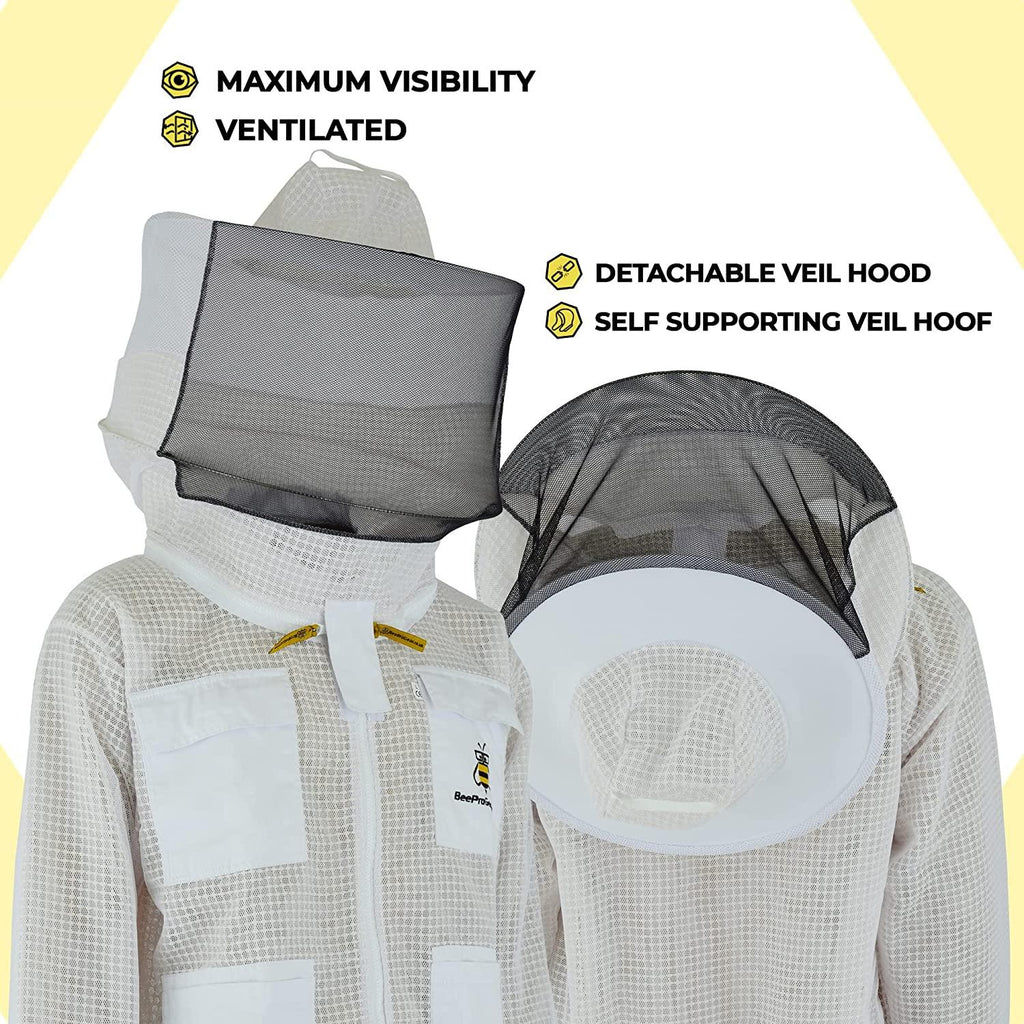 beeprogear ventilated bee suit for men-3x ultra protective layer beekeeping suit-premium white fabric mesh bee keepers suite-professional bee suit for women with round veil and free gloves (4x-large)