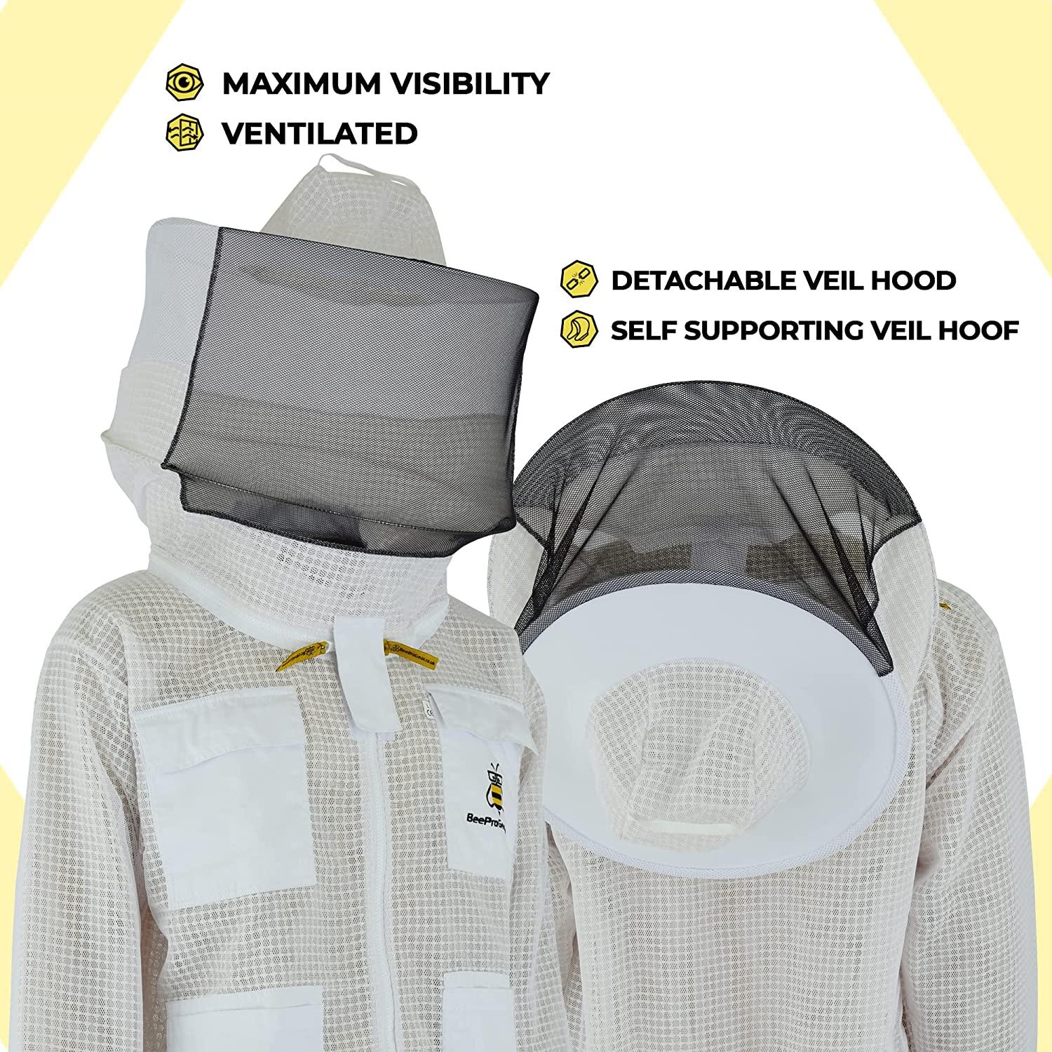 beeprogear ventilated bee suit for men-3x ultra protective layer beekeeping suit-premium white fabric mesh bee keepers suite-professional bee suit for women with round veil and free gloves (4x-large)