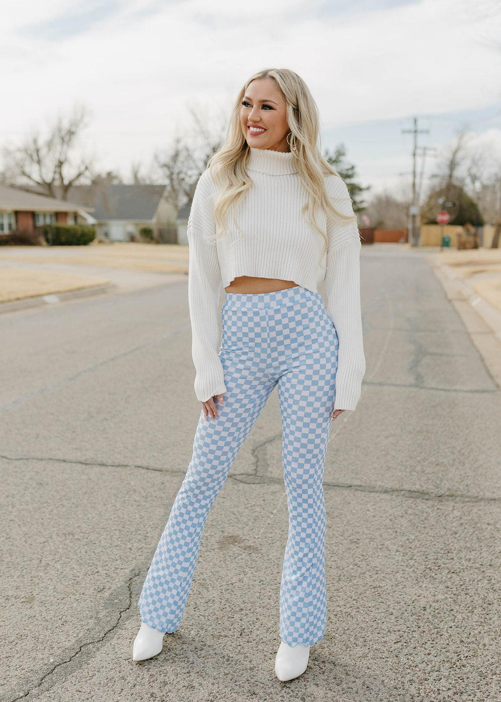 checkered flared knit pants