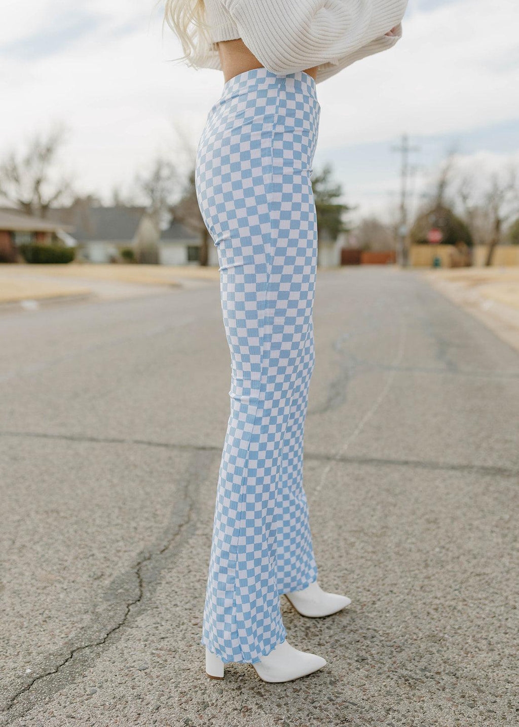 checkered flared knit pants
