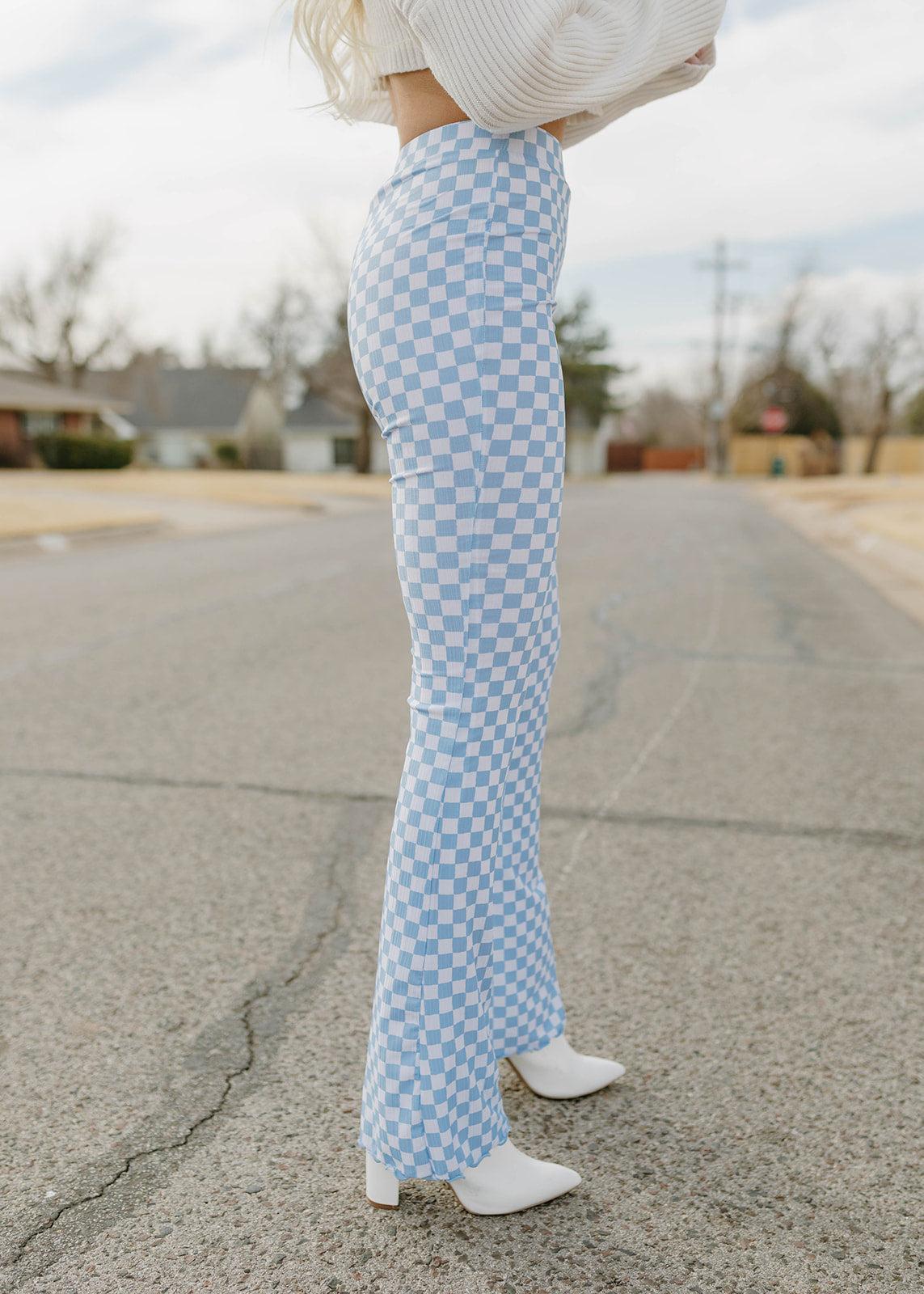 checkered flared knit pants