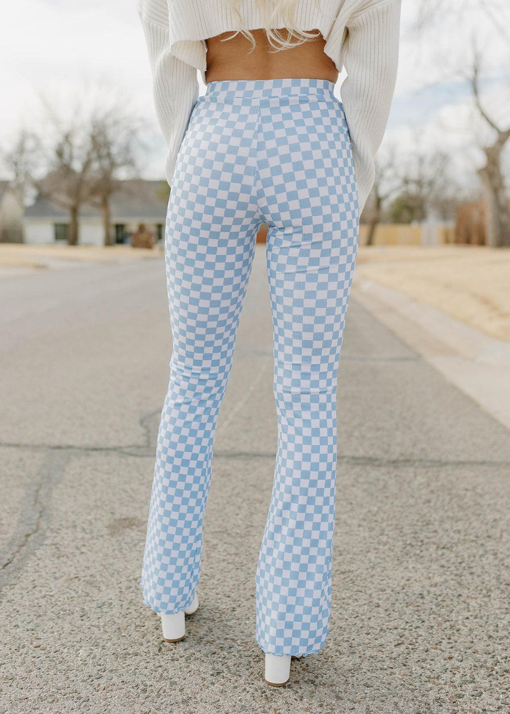 checkered flared knit pants