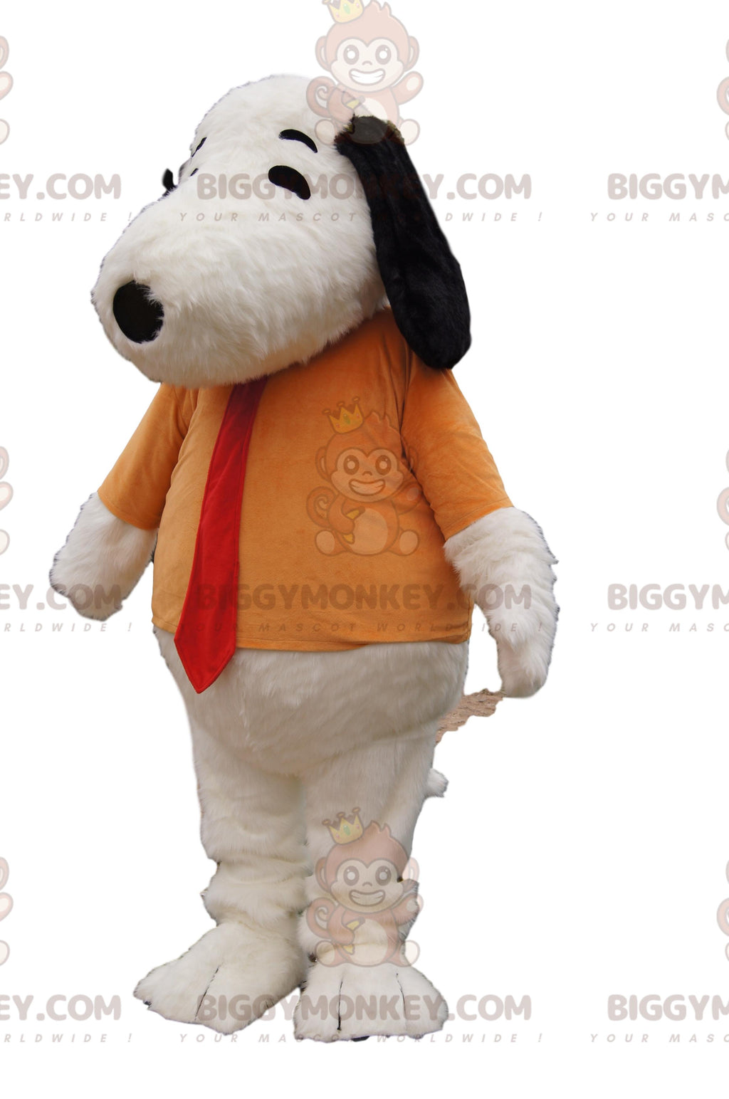 Snoopy's BIGGYMONKEYmascot costume with orange t-shirt and red tie.