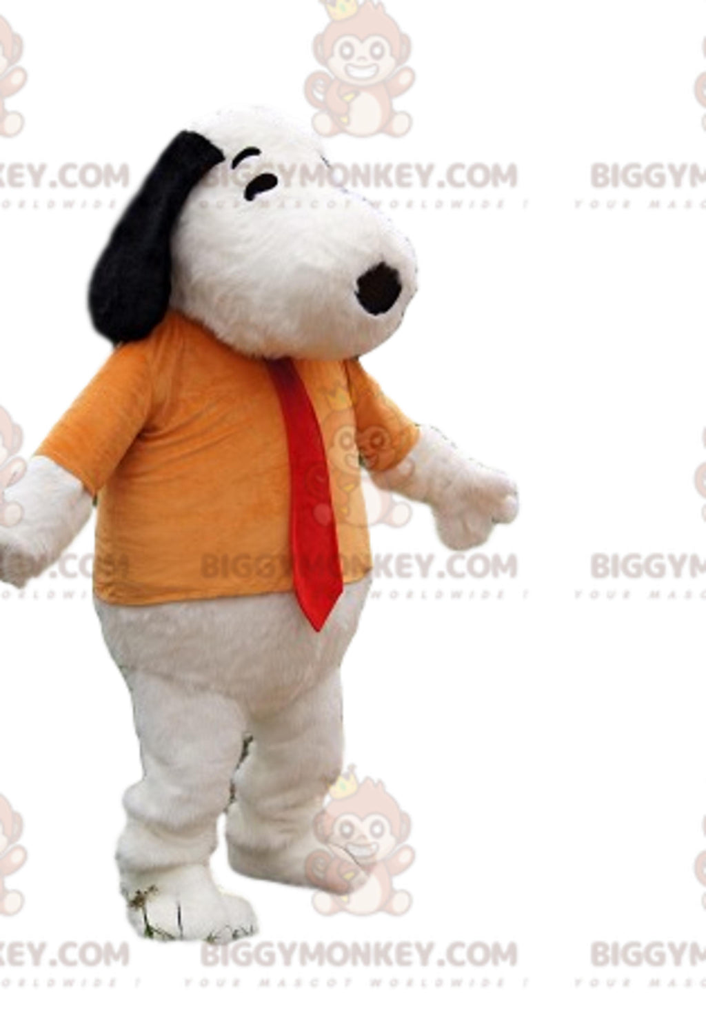 Snoopy's BIGGYMONKEYmascot costume with orange t-shirt and red tie.