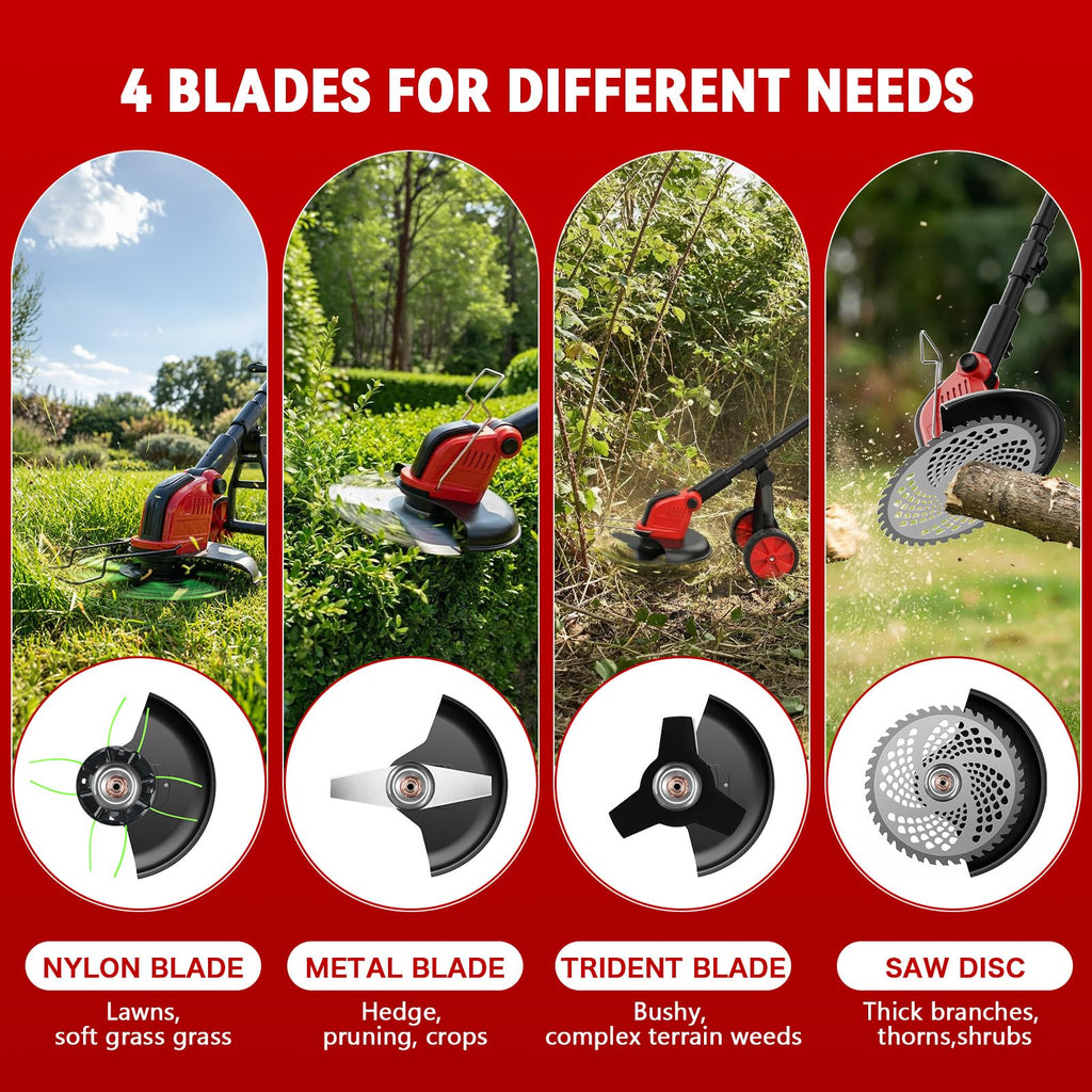 20000 RPM Electric Weed Wacker with Wheel,12″ Brushless Cordless Weed Eater Battery Powered, 4-in-1 Brush Cutter/String Trimmer/Grass Trimmer/Lawn Mower,Edger Stringless Weed Trimmer,5 Blade,2 Battery