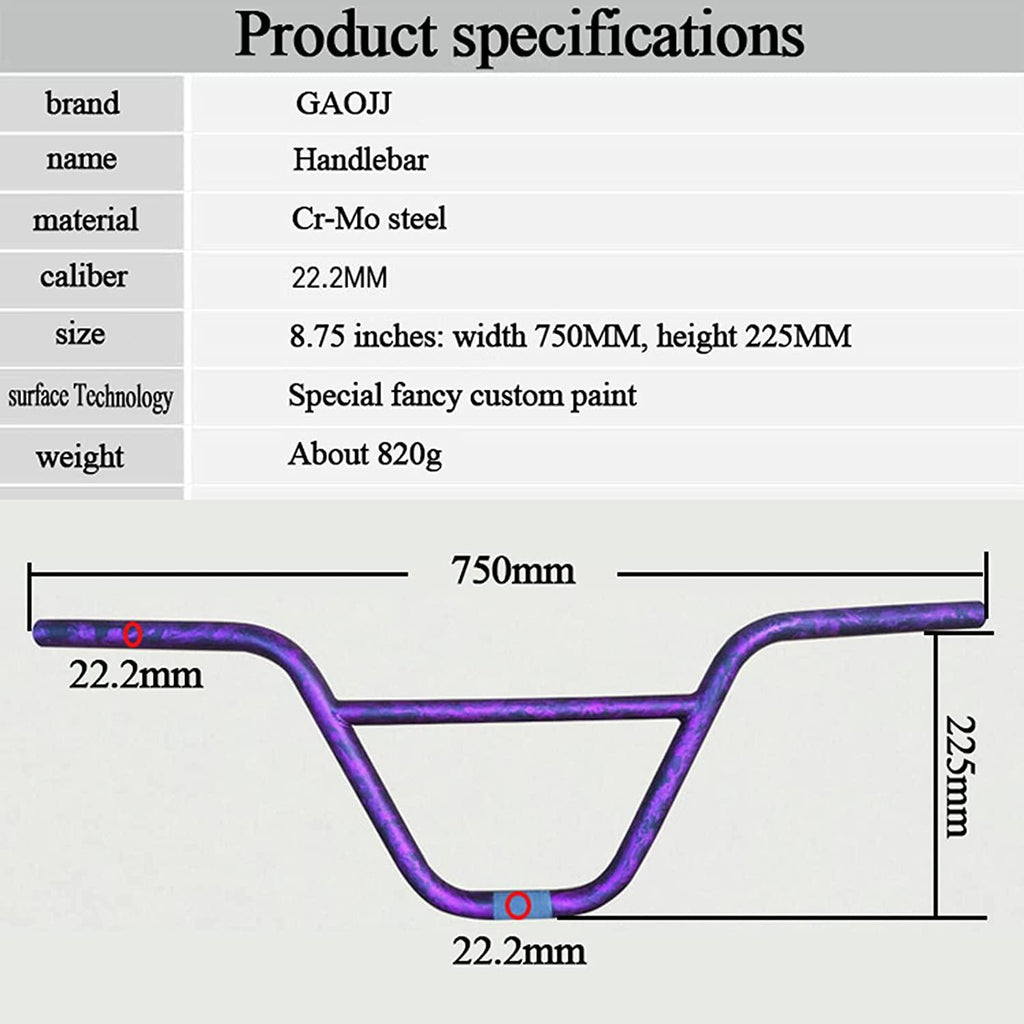 GAOJJ BMX Handlebars 8.75" Tall 29.5" Wide for BMX Bikes, High-Strength Cr-Mo Steel, CamouflaPurple