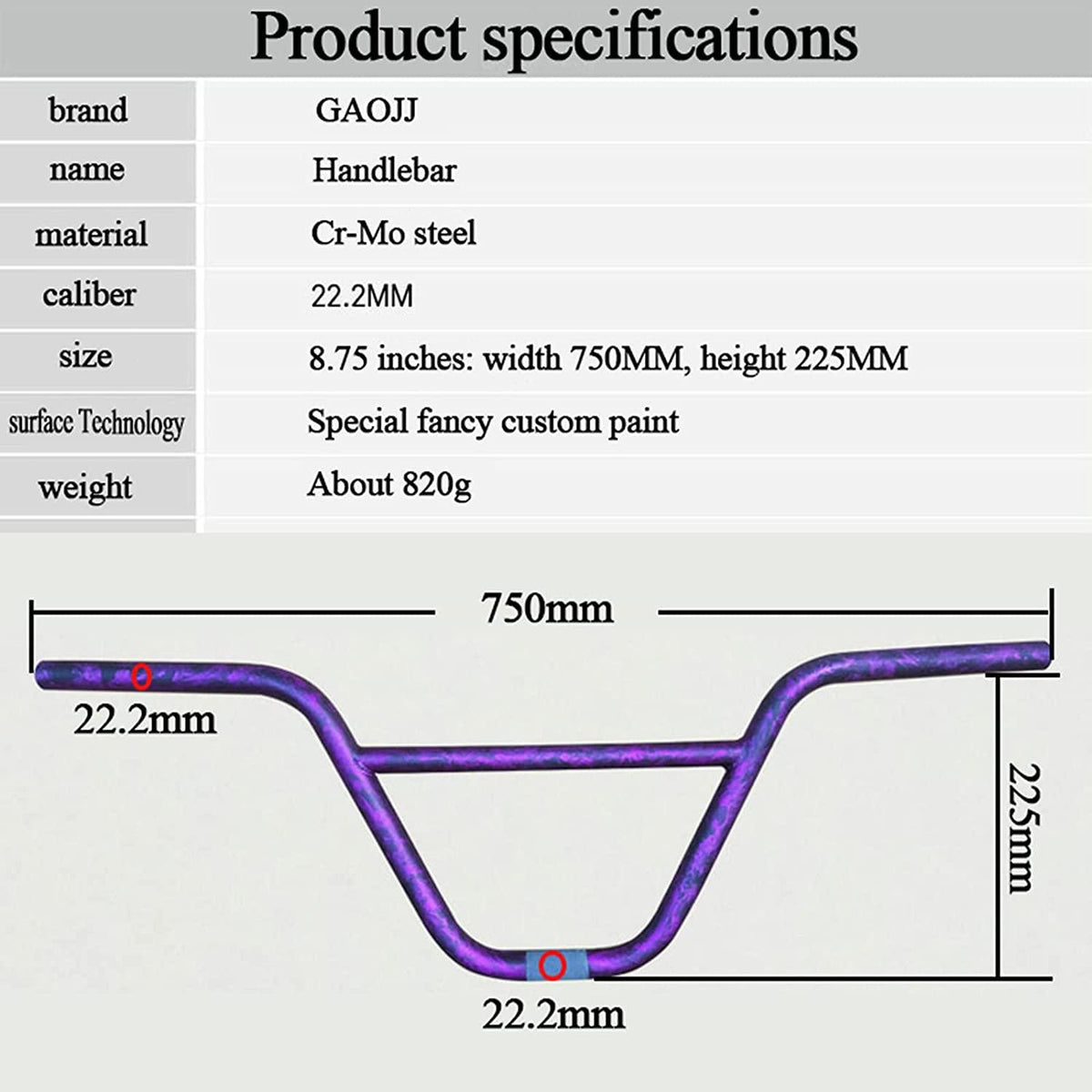 GAOJJ BMX Handlebars 8.75" Tall 29.5" Wide for BMX Bikes, High-Strength Cr-Mo Steel, CamouflaPurple