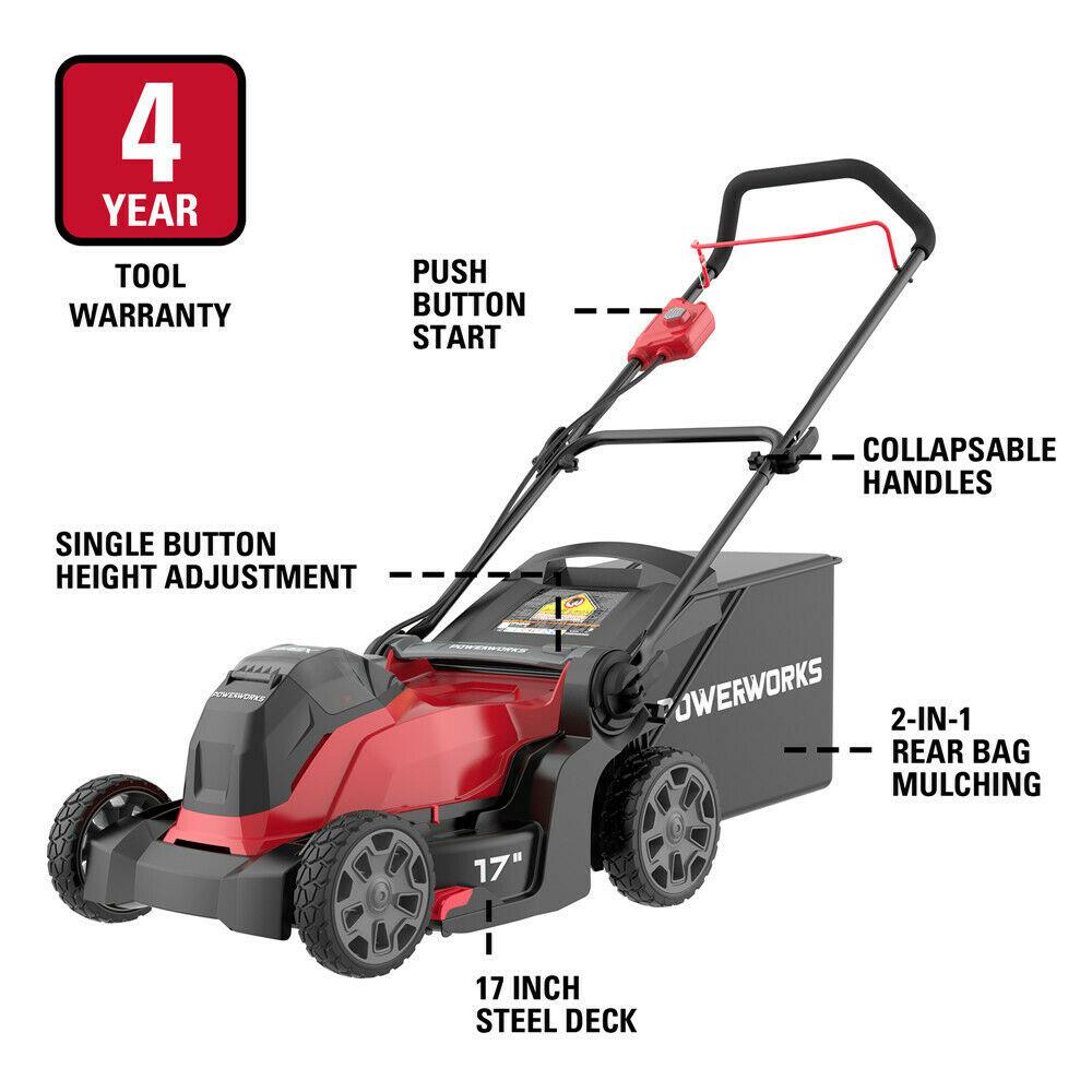 POWERWORKS 40V 17'' Cordless Lawn Mower 6 Cutting Height w/ 4Ah Battery &Charger