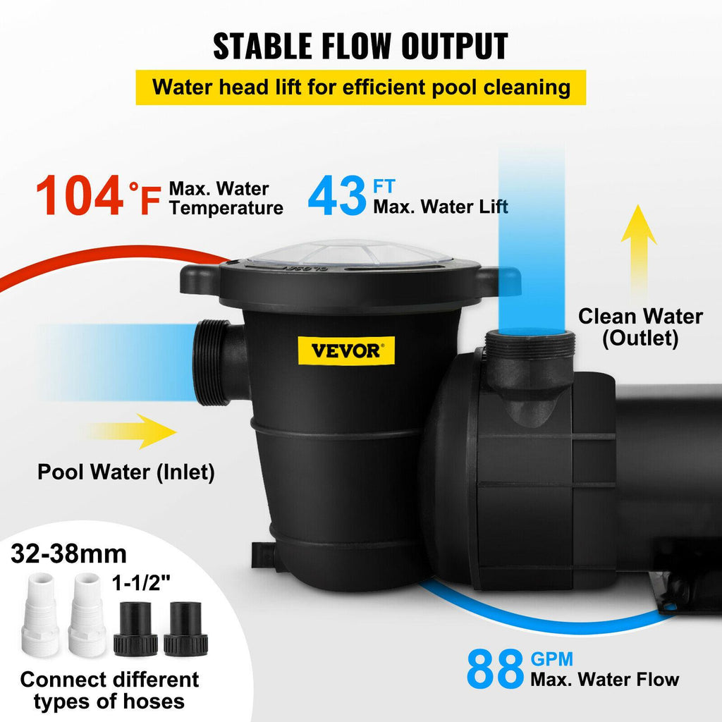 vevor swimming pool pump 1.5 hp 88 gph above ground pool pump w/ strainer