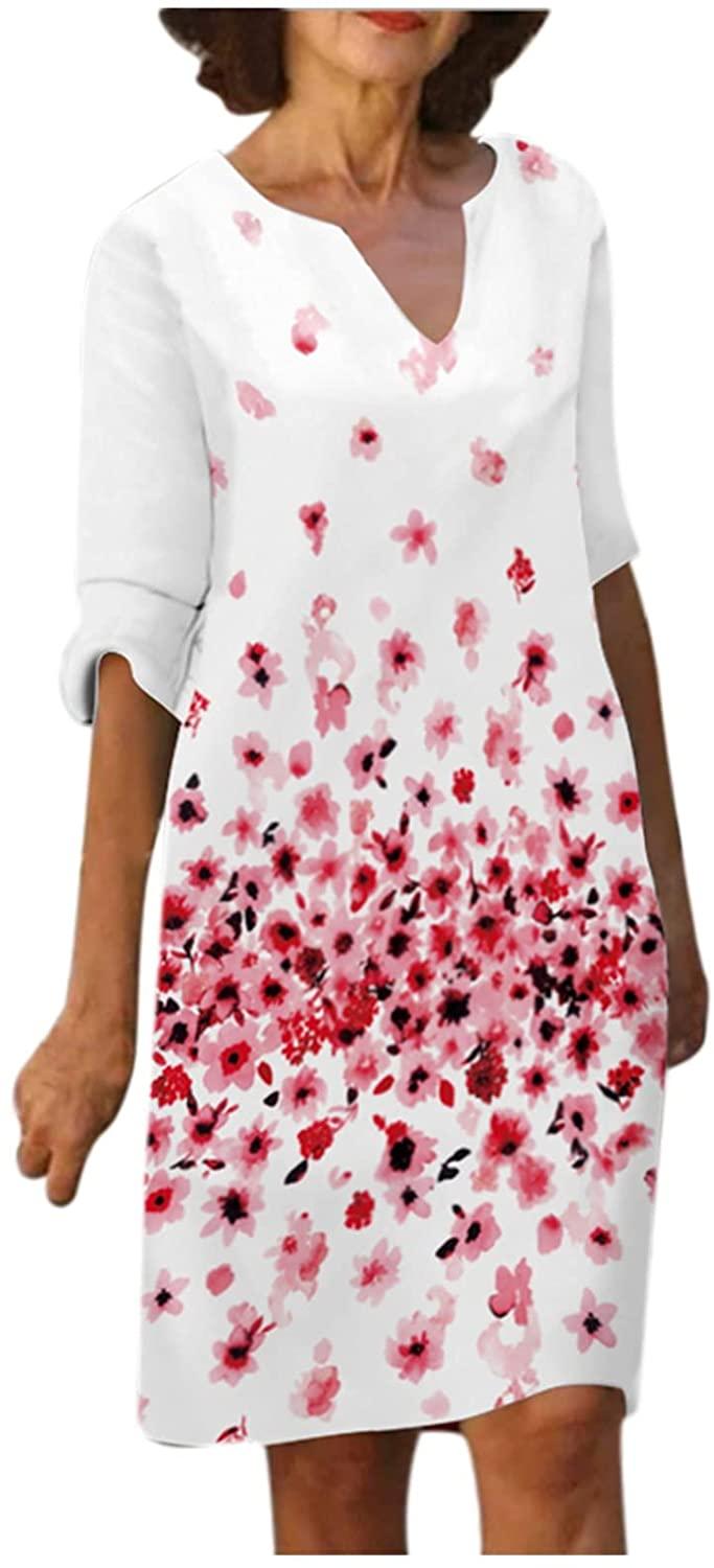 Women Half Sleeve V Neck Printing Knee-Length Dress Fall Party Dress