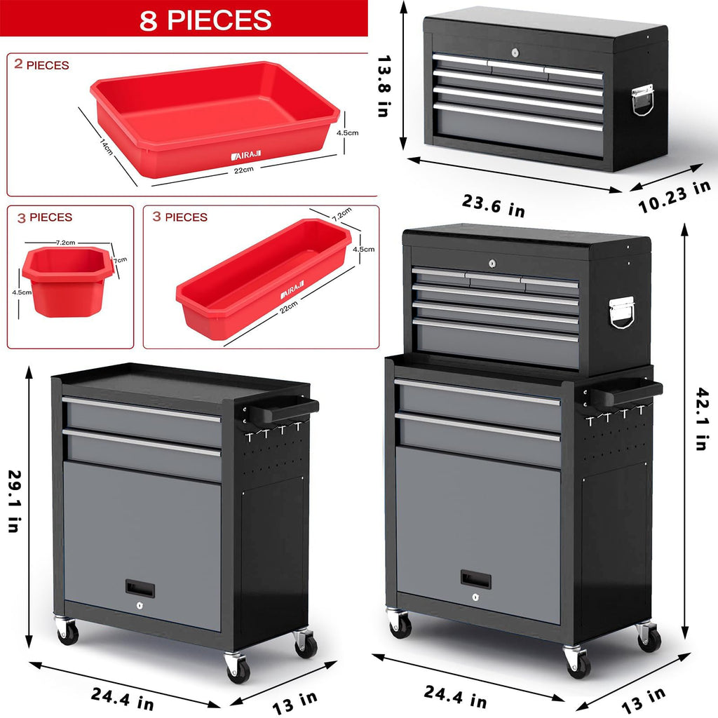 8-Drawer Tool Chest with Wheels,42'' Rolling Tool Chest Heavy Duty,Detachable Top Tool Box,Tool Cabinet with Hooks,Liners,Tray Divider,Rolling Tool Box for GaraStorage, Workshop,Warehouse,Black