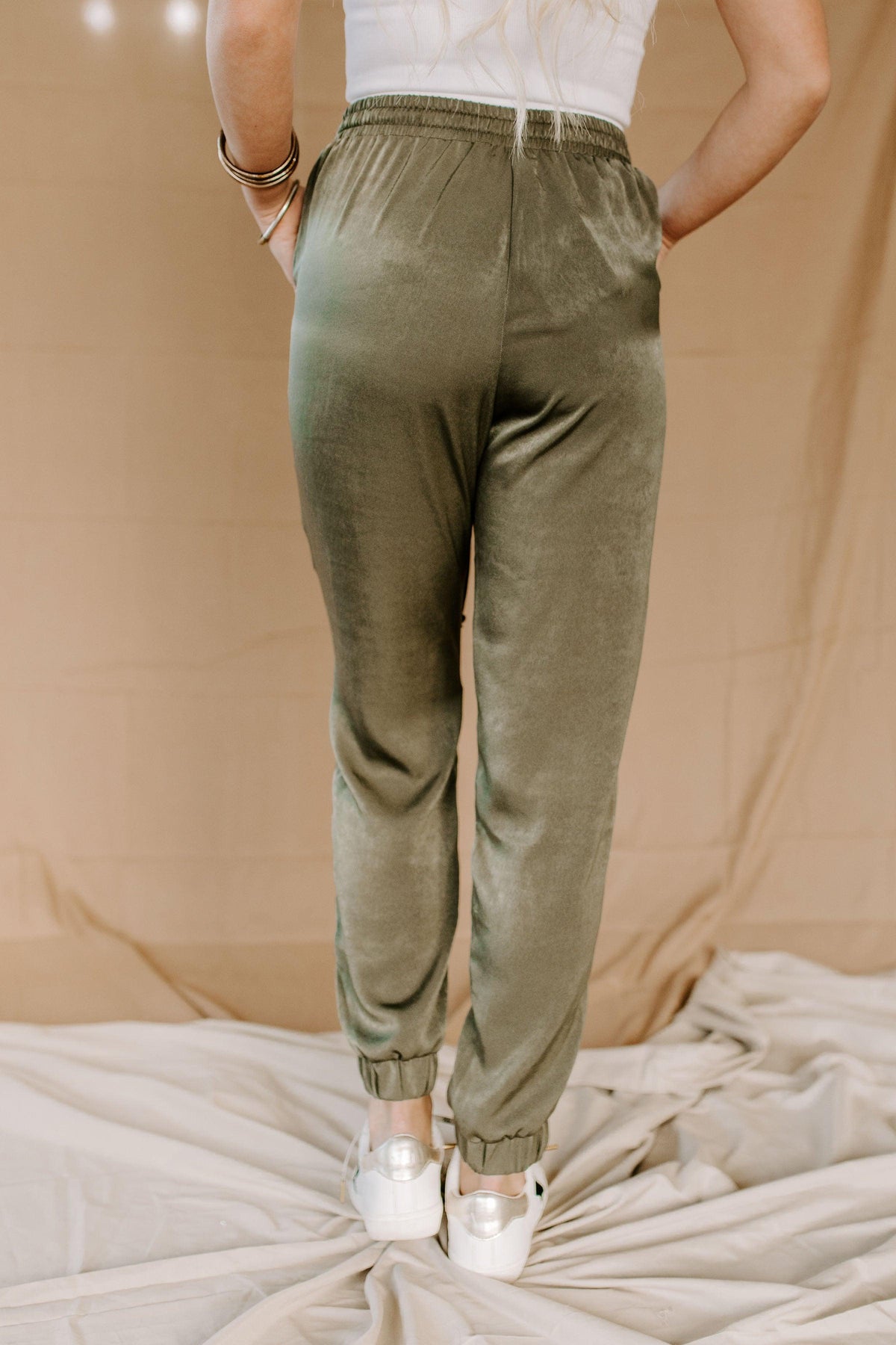 olive satin joggers