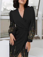 Sequin Print Long Sleeve V-neck Wrap Maxi Dress Women