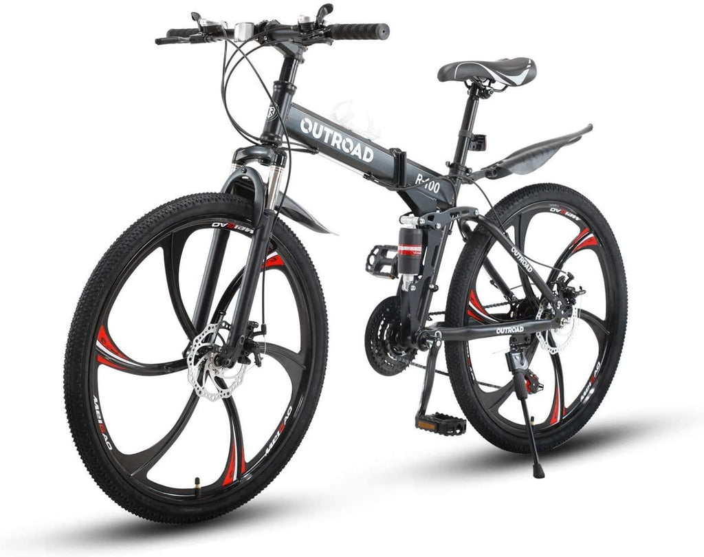 Outroad Folding Mountain Bike 6-Spoke 21-Speed 26-inch Wheel Double Disc Brake Full Suspension Anti-Slip, Black,Orange,Fluorescent Green