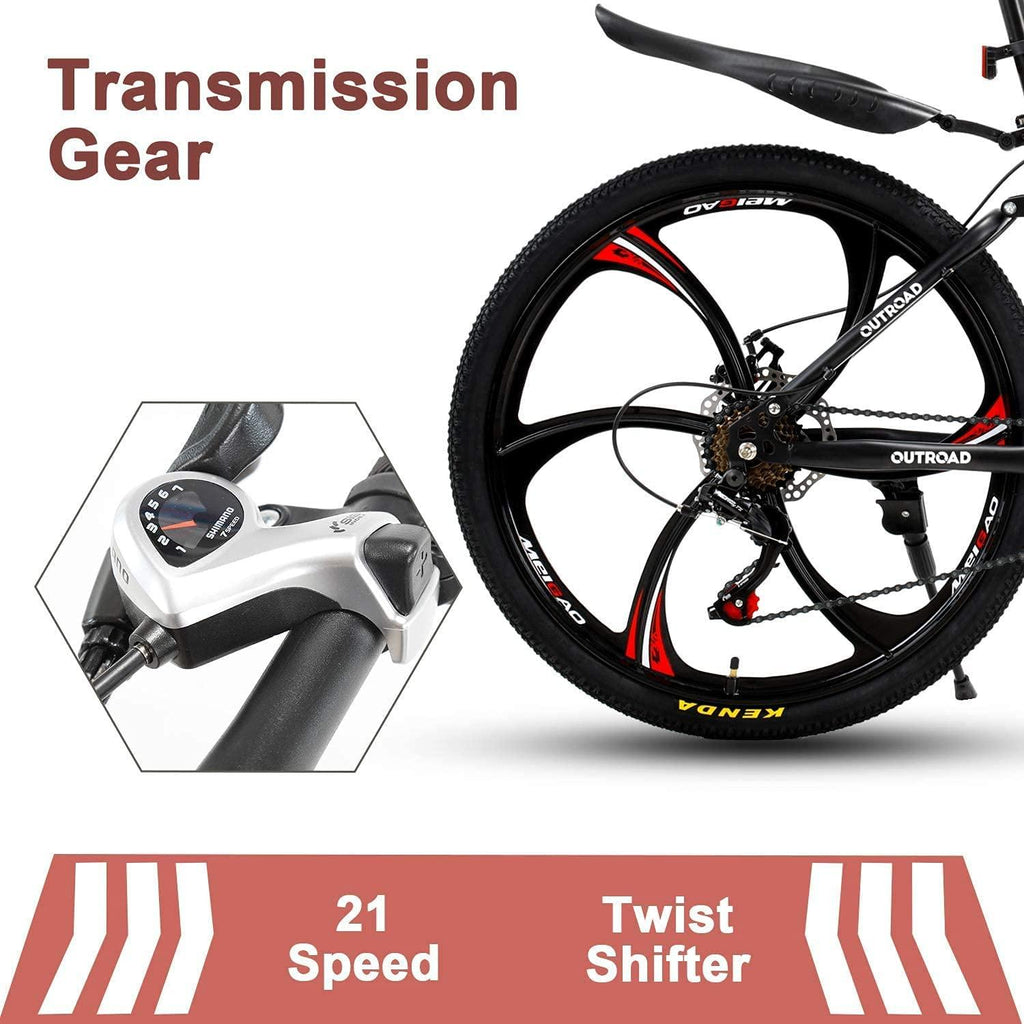 Outroad Folding Mountain Bike 6-Spoke 21-Speed 26-inch Wheel Double Disc Brake Full Suspension Anti-Slip, Black,Orange,Fluorescent Green