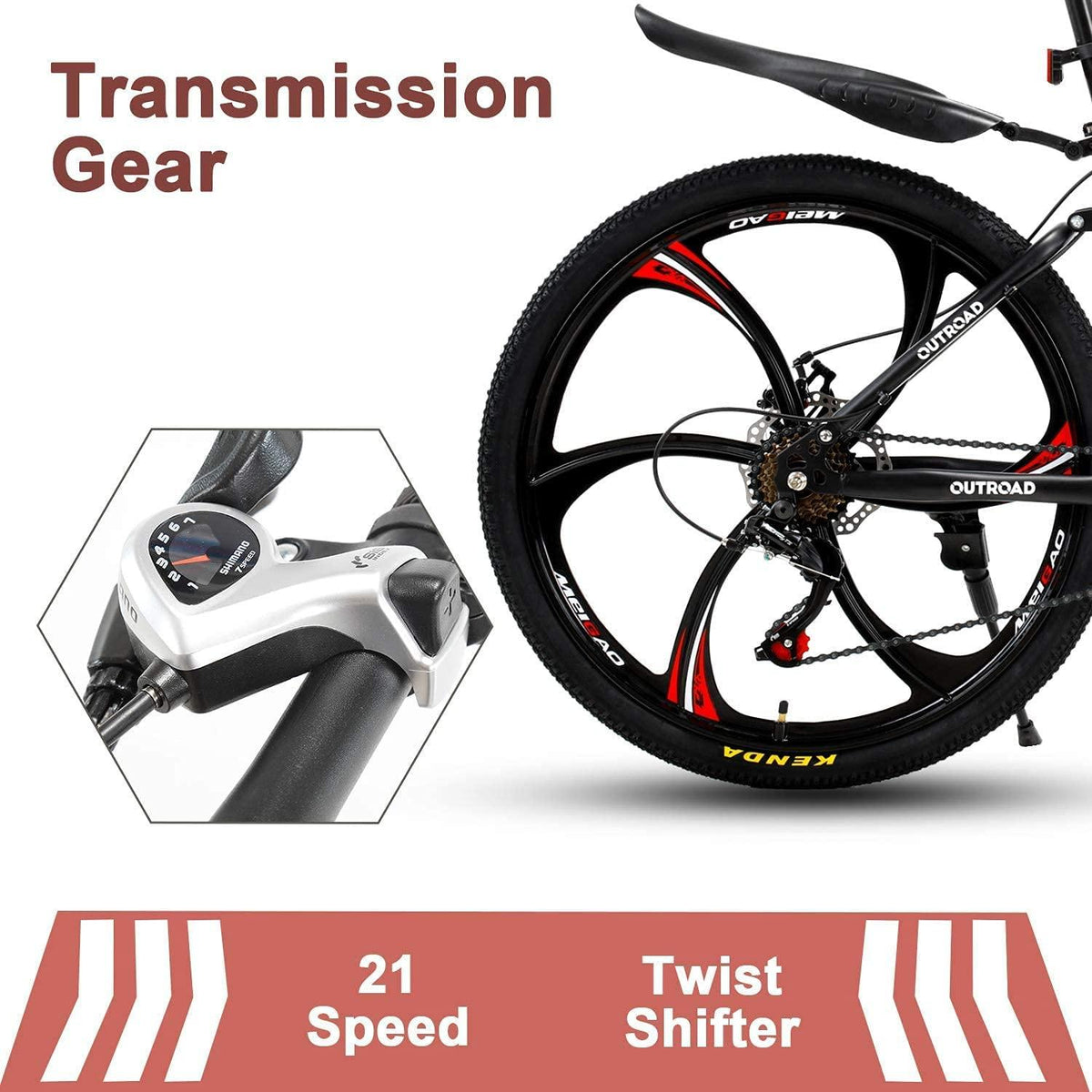 Outroad Folding Mountain Bike 6-Spoke 21-Speed 26-inch Wheel Double Disc Brake Full Suspension Anti-Slip, Black,Orange,Fluorescent Green