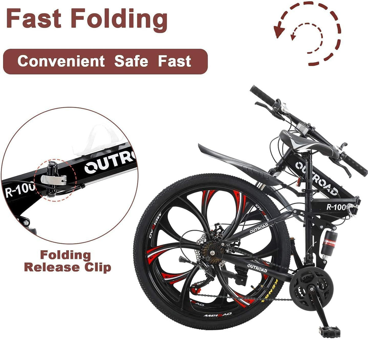 Outroad Folding Mountain Bike 6-Spoke 21-Speed 26-inch Wheel Double Disc Brake Full Suspension Anti-Slip, Black,Orange,Fluorescent Green