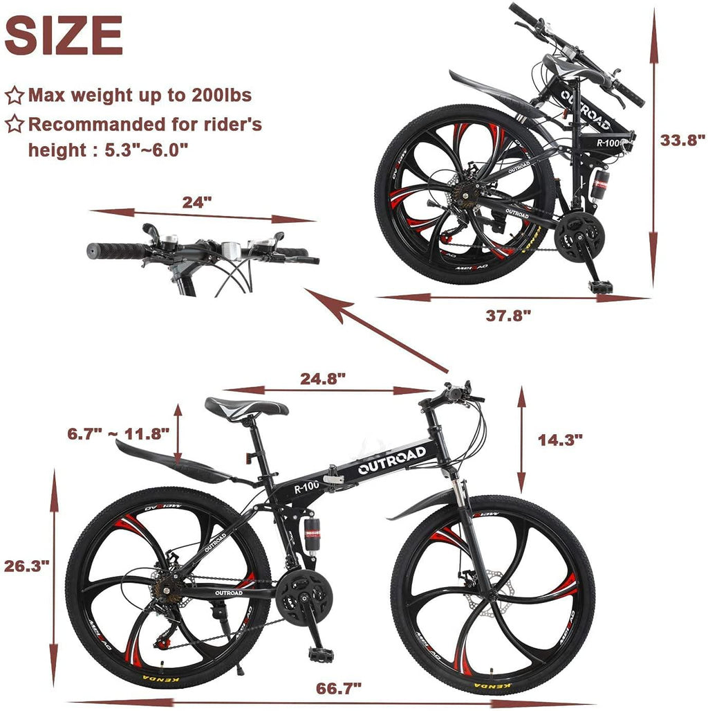Outroad Folding Mountain Bike 6-Spoke 21-Speed 26-inch Wheel Double Disc Brake Full Suspension Anti-Slip, Black,Orange,Fluorescent Green