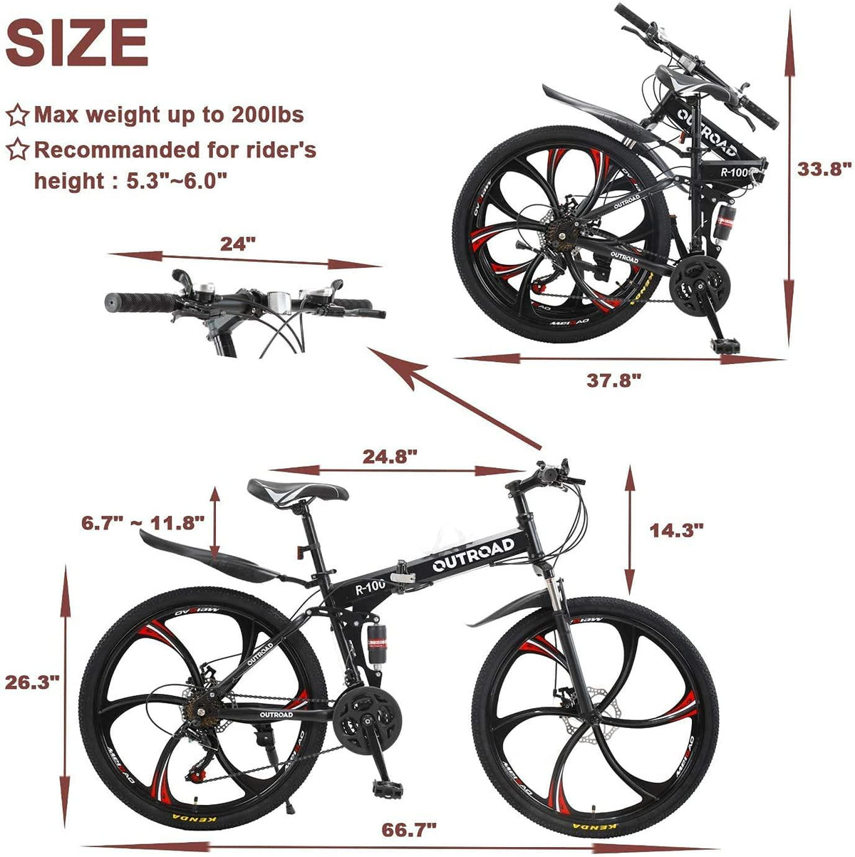 Outroad Folding Mountain Bike 6-Spoke 21-Speed 26-inch Wheel Double Disc Brake Full Suspension Anti-Slip, Black,Orange,Fluorescent Green