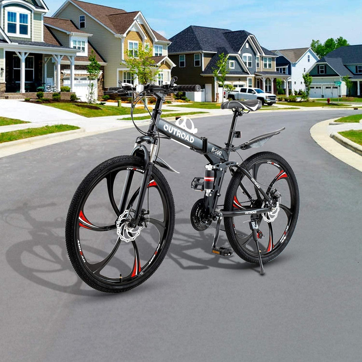 Outroad Folding Mountain Bike 6-Spoke 21-Speed 26-inch Wheel Double Disc Brake Full Suspension Anti-Slip, Black,Orange,Fluorescent Green