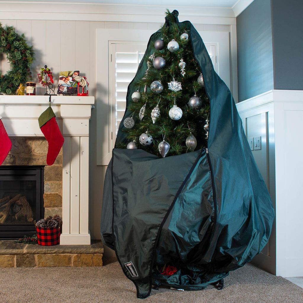 Decorated Upright Tree Storage Bag w/ Rolling Tree Stand